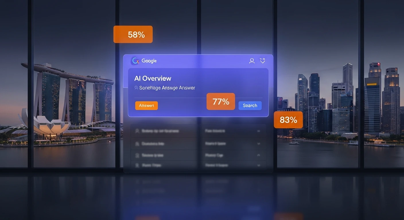 Zero-click search — Google AI Overviews dominating search results with Singapore skyline