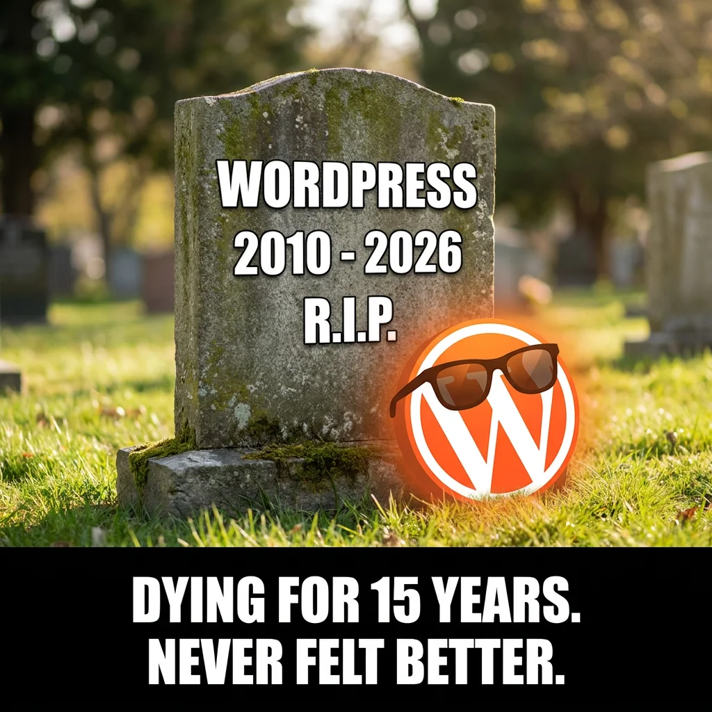 WordPress gravestone meme - dying for 15 years, never felt better