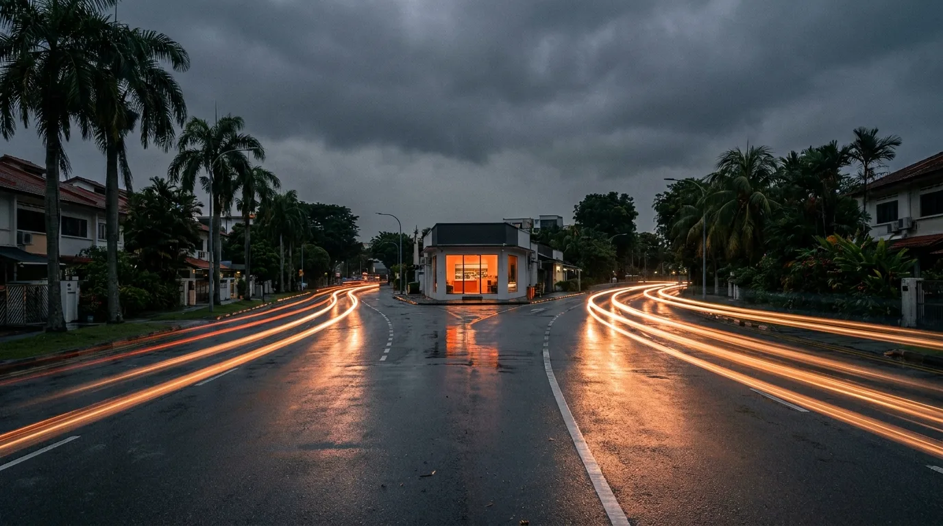 Singapore street at dusk splitting into two lanes toward the same shop