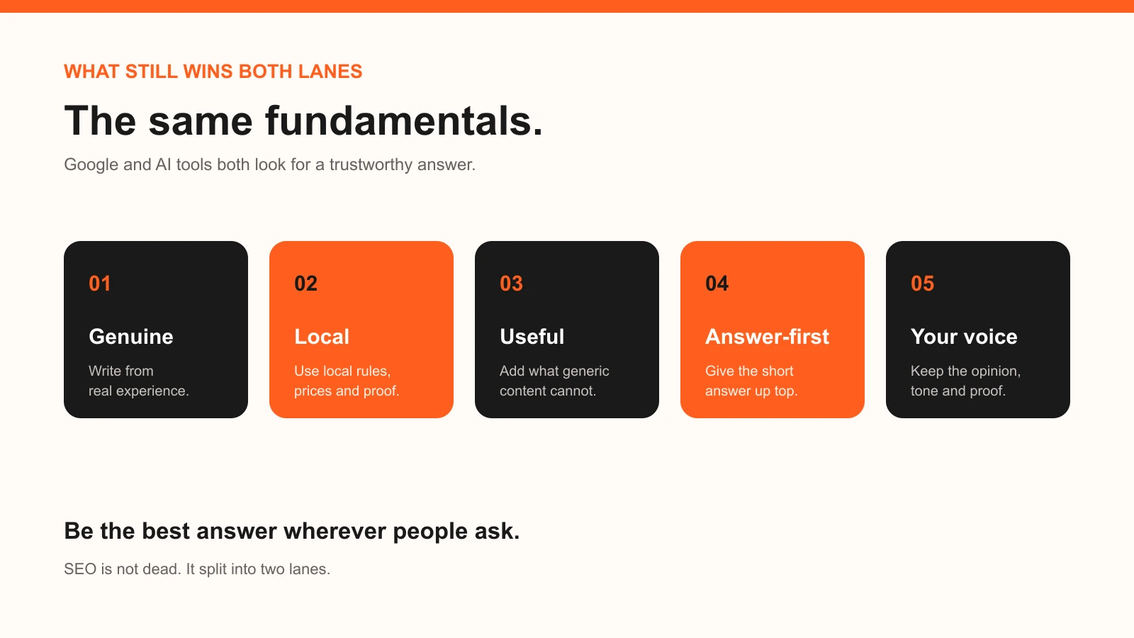 Five fundamentals that win both lanes: genuine, local, useful, answer-first, your voice