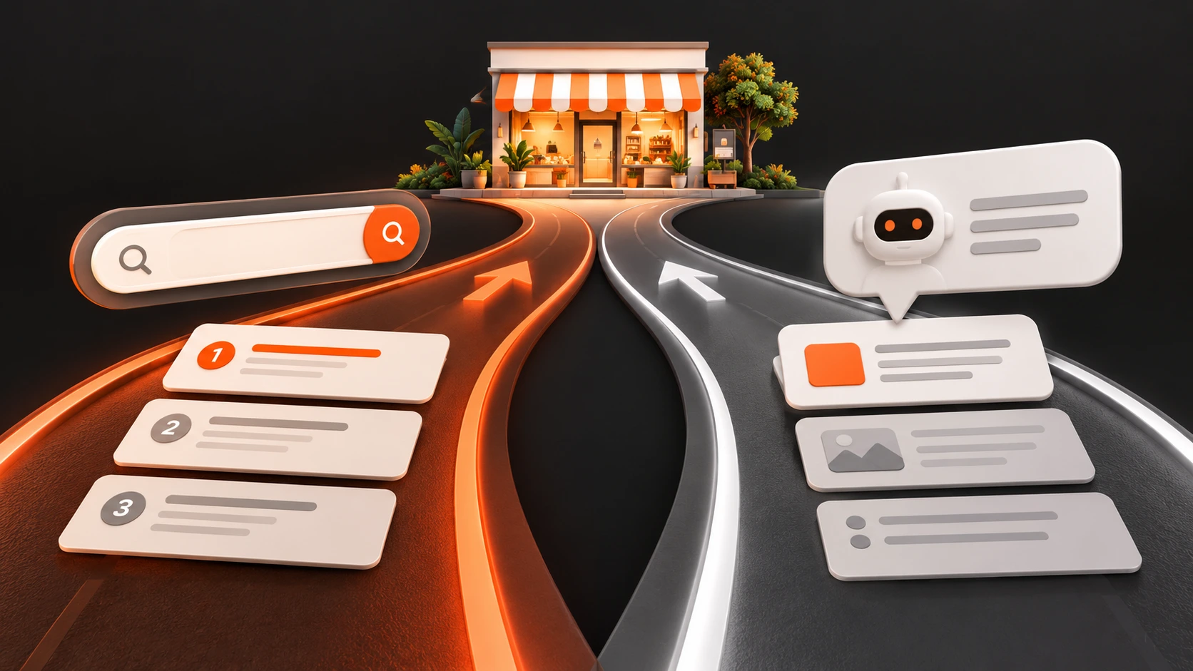SEO in 2026 split into two lanes, Google search rankings and AI answers leading to the same shop